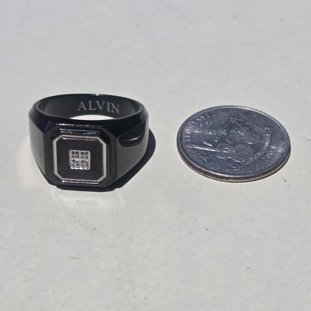 Danbury Mint Black Ice Men's Stainless Steel Diamond Signet Ring Size 11 